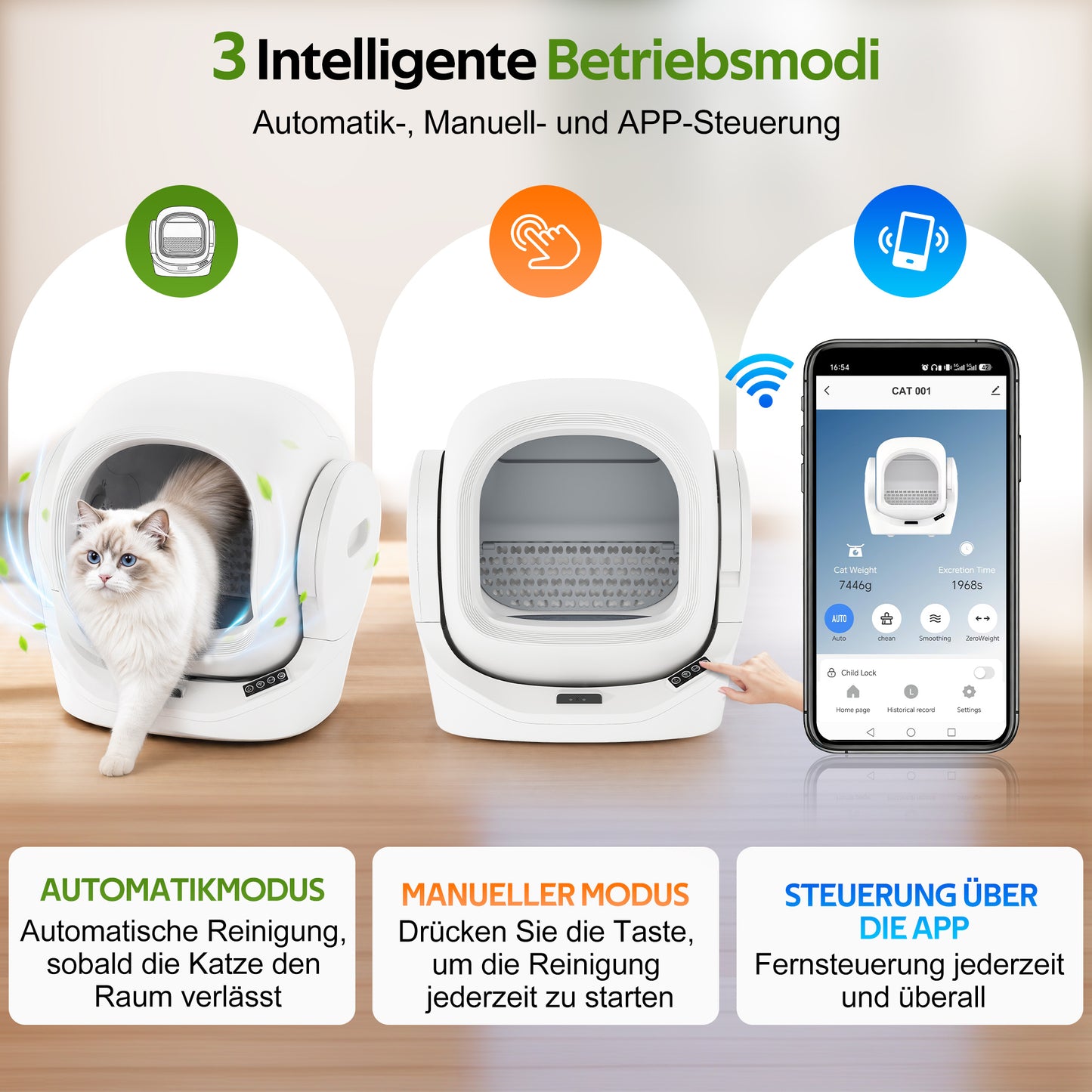 Selbstreinigende Katzentoilette mit App-Steuerung